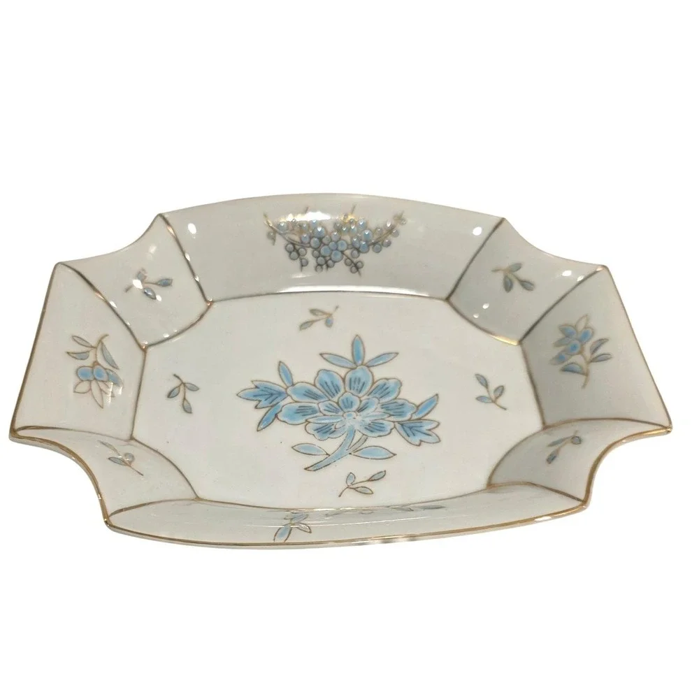 Vintage‎ LJ of Japan Porcelain Trinket Jewelry Tray Keepsakes Vanity Decor Blue
